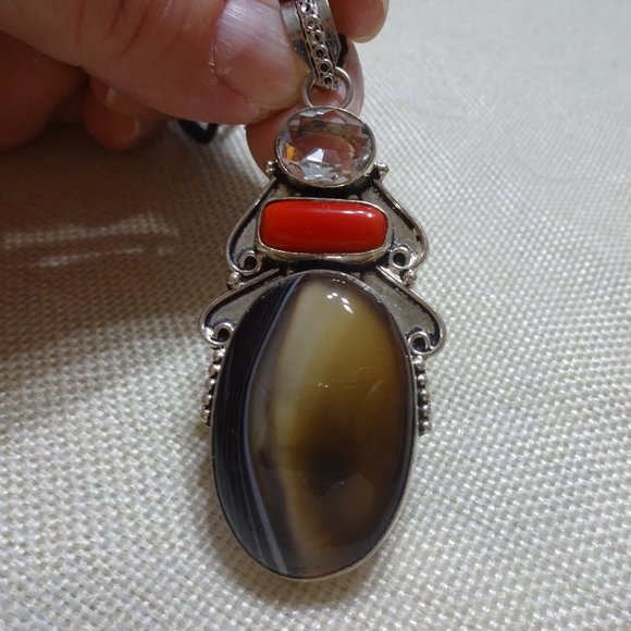 Natural "MONTANA AGATE, RED CORAL & WHITE TOPAZ" Handmade Sterling Pendant Neck - Picture 2 of 3